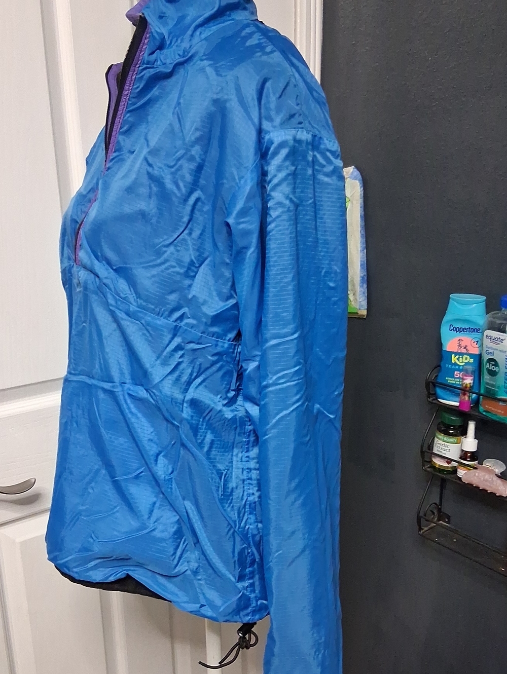 Patagonia Electric Blue Women's Bomber Windbreaker with Purple Trim